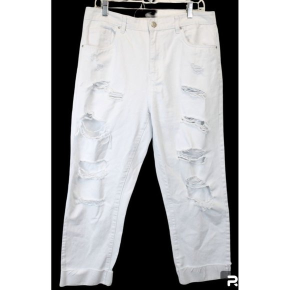 refuge Denim - Refuge Denim Straight Vintage High Rise Ankle Pants Junior 11 Destroyed White